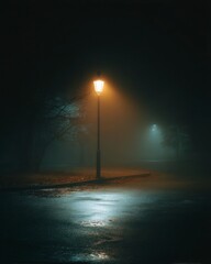 Foggy Night Street with Soft Glow of Vintage Lantern Light