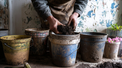 Hands planting in recycled pots on rustic windowsill.