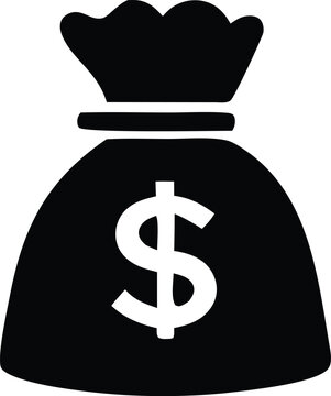 Iconic black silhouette money bag symbol with dollar sign for financial wealth and prosperity concepts
