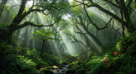 Sunbeams Illuminate Lush Tropical Rainforest Canopy