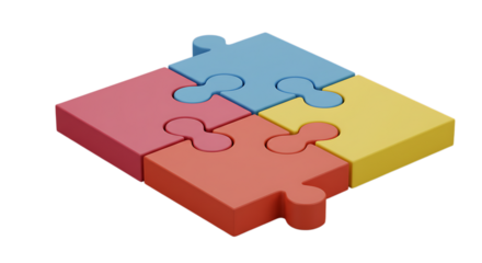 Four colorful puzzle pieces interlocked forming a square shape isolated on white background