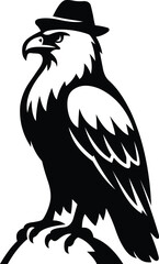 Eagle silhouette wearing fedora hat, Black bird vector illustration  