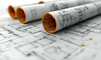 Architectural blueprints rolled up and displayed on a table.  Detailed drawings