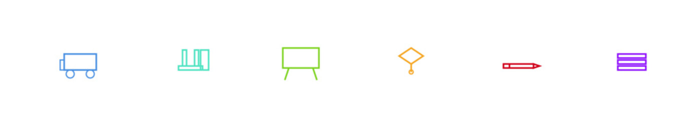 Polished education icon set sheet including school bus, desk with chair, blackboard, graduation cap, pen, and stack of books, colorful scalable vector for school and academic design