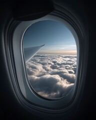 Serene View From Airplane Window Over Cloudy Sky At Sunset