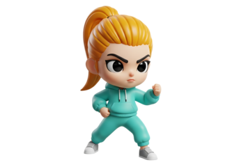 Cute anime style girl character in teal tracksuit performing martial arts stance isolated on transparent background