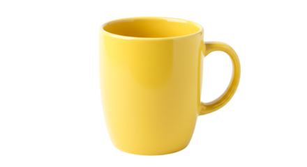 A tall slender yellow ceramic mug with a curved handle isolated on a clean white background isolated on white background