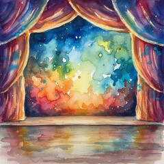 Artistic Watercolor Stage with Vibrant Abstract Backdrop.