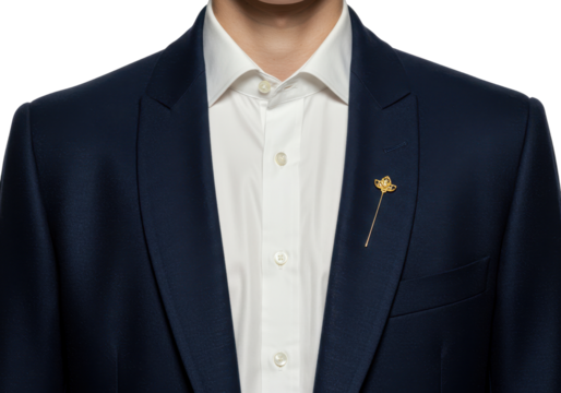 Isolated man with golden lapel pin wearing a stylish business suit and white dress shirt
