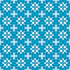 Seamless ornamental arabesque inspired pattern with repeating geometric tiles, decorative vector design for wallpaper and background textures in blue colors.
