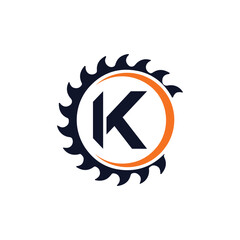 Letter k saw blade logo icon with orange swoosh for carpentry
