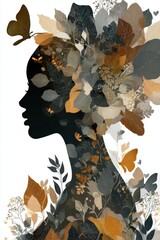 Artistic illustration of a woman's profile intertwined with vibrant flowers and leaves, showcasing a harmonious blend of nature and human features, symbolizing connection and beauty