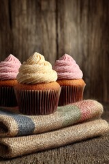 Delicious Vanilla Pink Cupcakes on Wooden Rustic Tablecloth