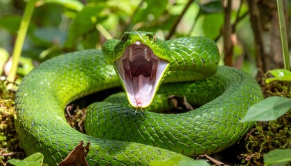 Green pit viper coiled, mouth open