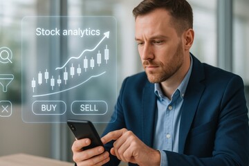 A businessman analyzing stock market trends on his phone, with an overlaid graphic of stock analytics