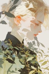 Artistic illustration of a woman's profile intertwined with vibrant flowers and leaves, showcasing a harmonious blend of nature and human features, symbolizing connection and beauty