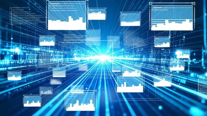 Blue digital data grid simulation with hud interface and abstract ai background perfect for futuristic motion design and tech animation - Powered by Adobe