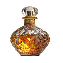 Ornate faceted glass perfume bottle filled with amber liquid and gold accents isolated on a transparent background