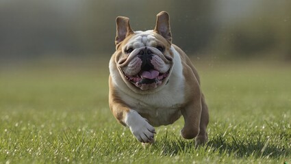 Dog Joyfully Running Across a Green Field During a Sunny Afternoon in a Peaceful Rural Setting