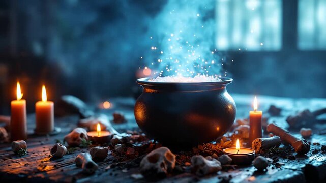 An Enigmatic Cauldron Amid Flickering Flames and Smoke in Darkness