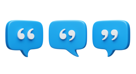 Three blue speech bubbles with white quotation marks inside them isolated on white background