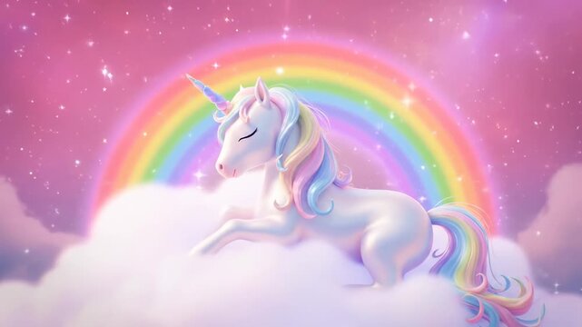 Pastel Rainbow Unicorn on Cloud - A whimsical pastel rainbow unicorn rests peacefully on a fluffy cloud, set against a soft pink sky sprinkled with sparkling stars.