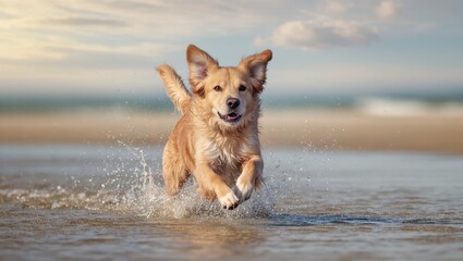 Golden Retriever Joyfully Running Through Shallow Water Along the Beach on a Sunny Day