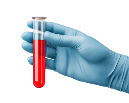 transparent background hand in blue gloves holding a test tube with a red liquid