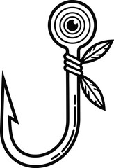 Fish hook illustration, black and white drawing, nature-inspired design, leaf decoration, fishing gear, stylized hook, sustainability symbol, outdoor concept, minimal art