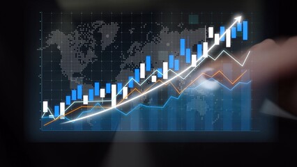 Colorful digital stock market graph displays upward trends overlaid on a world map, representing economic growth and investment opportunities in various regions. Copula