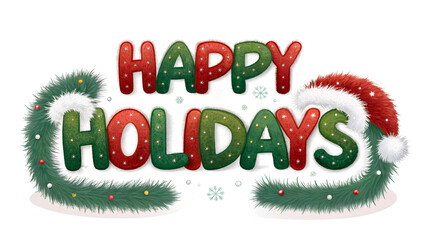 Colorful text saying 'Happy Holidays' with a festive design. The letters are green and red, adorned with snowflakes and a Santa hat. Isolated on a transparent background.