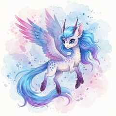 Adorable Watercolor Pegacorn with Pastel Wings and Horns.