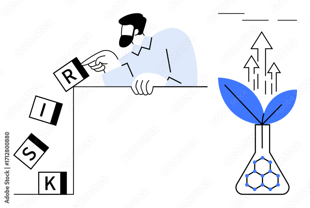 Poster man topples risk blocks, symbolizing control and decision-making, while a plant grows from a flask, 