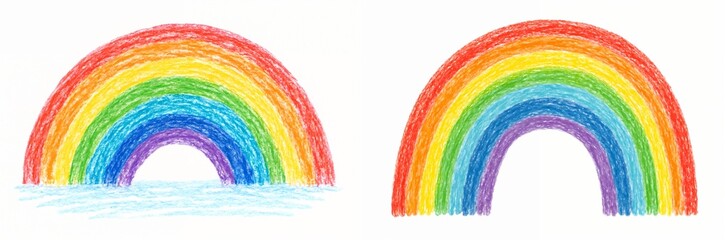 Obraz premium Set of Colored pencil illustrations of rainbows by child aged 8-9 years 