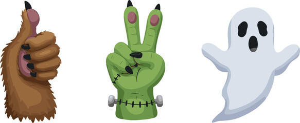 Halloween monster hands and ghost cartoon illustration, werewolf thumbs up, Frankenstein peace sign, spooky floating ghost clipart for funny horror design and decoration