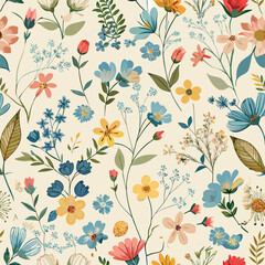 Seamless pattern of delicate wildflowers in pastel and jewel tones floral pattern botanical