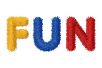 Fototapeta premium Colorful letters spelling 'FUN' in yellow, blue, and red with a fluffy texture on a transparent background. Isolated design for playful themes.