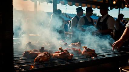 Grilled chicken pieces sizzling on barbecue grill, surrounded by smoke and outdoor cooking atmosphere, showcasing culinary skills and vibrant food culture