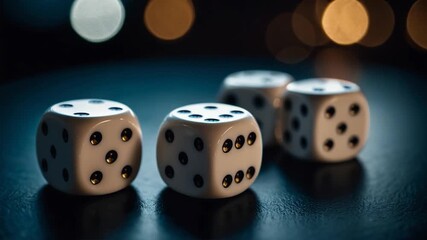 Three white dice on a table, ideal for gaming or entertainment concepts - Powered by Adobe