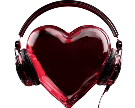 transparent background Red heart with headphones music love listening audio sound valentine's day romance passion black background