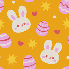 Easter seamless vector pattern with cute bunnies, eggs and floral elements.
