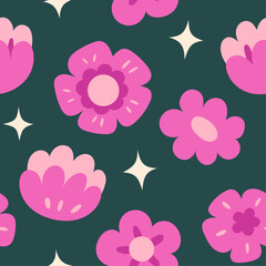 Cute floral vector seamless pattern. Delicate background with hand-drawn flowers and leaves. 
