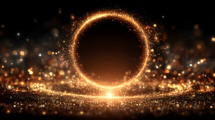 Gold sparkling light circle with shimmering particles with glare flare effect. Christmas and New Year background, abstract golden glittery confetti ring frame with magic glowing shimmer sparkle trail
