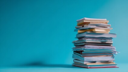 Large Pile of Papers and Books on Blue Background with Copy Space for Text or Design