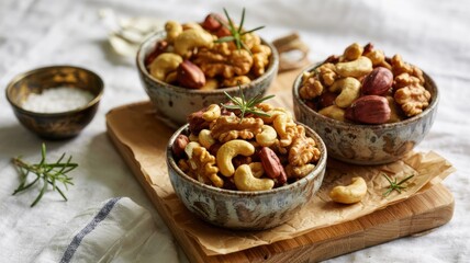 Fototapeta premium Small bowls filled with nut mixture. A mixture of cashews and walnuts, they are fried and seasoned with spices. There are rosemary leaves among the nuts.