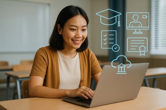 Engaging online learning experience for students in a classroom setting featuring interactive technology and educational content