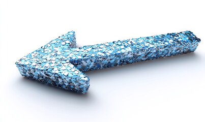 A stylized, 3D arrow pointing left, composed of textured, light blue fragments