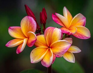 Fototapeta premium Vibrant plumeria blossoms in a close-up shot