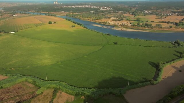 Drone Aerial View of Tagus River and Valley beneath Abrantes Hill, Portugal