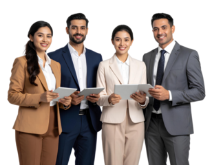 Confident Business Team Holding Tablets on Transparent Background.